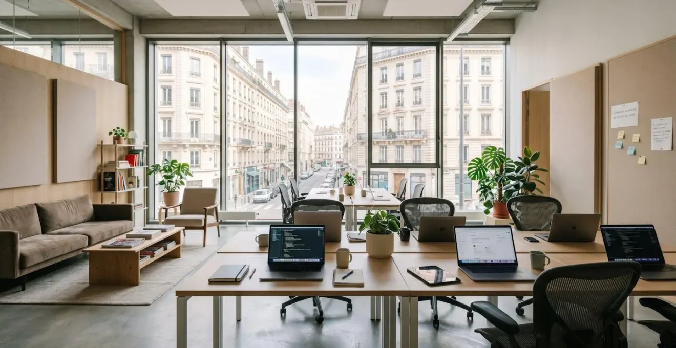 Vue grand angle d'un espace de travail collaboratif moderne dans une agence digitale française, avec des bureaux épurés et de grandes fenêtres laissant entrer la lumière naturelle