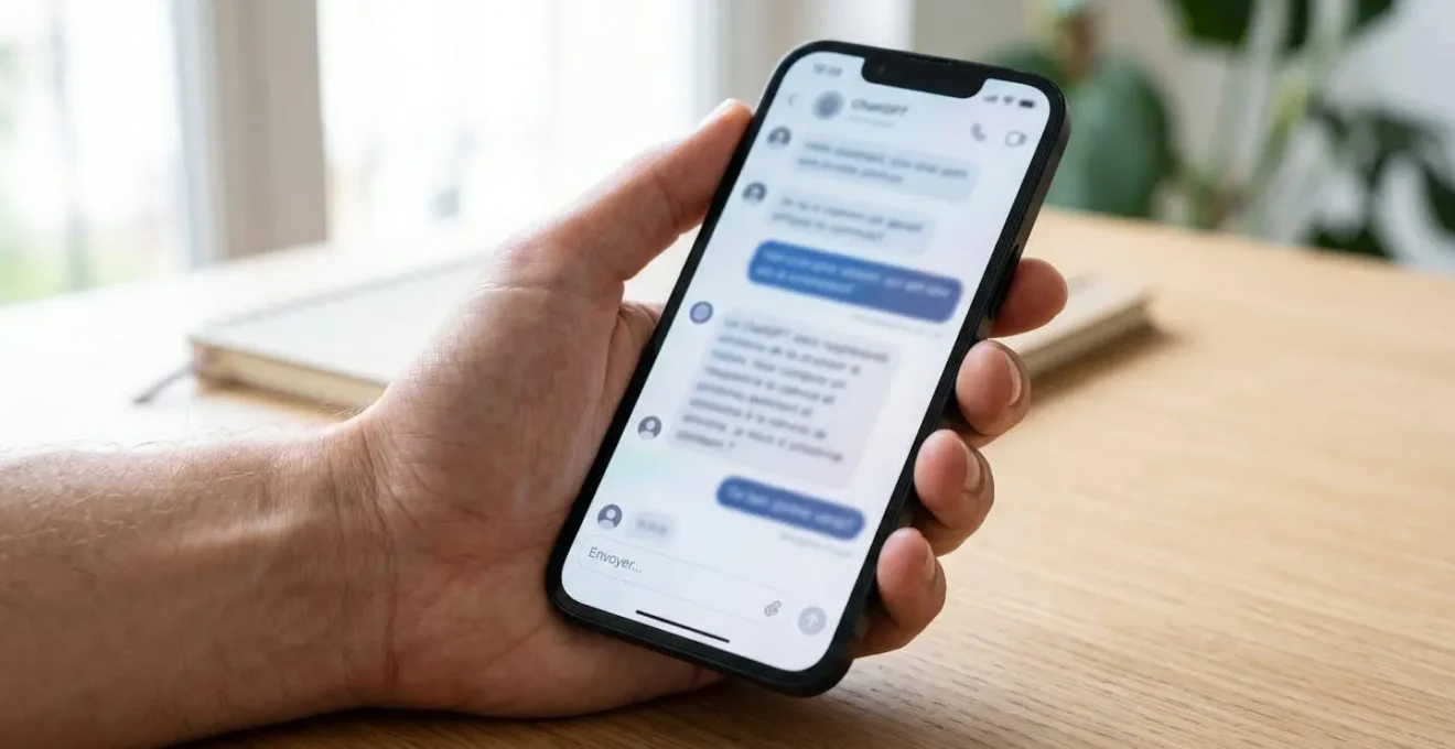 Gros plan d'une main tenant un smartphone affichant l'interface de ChatGPT avec une conversation en français visible mais complètement floutée