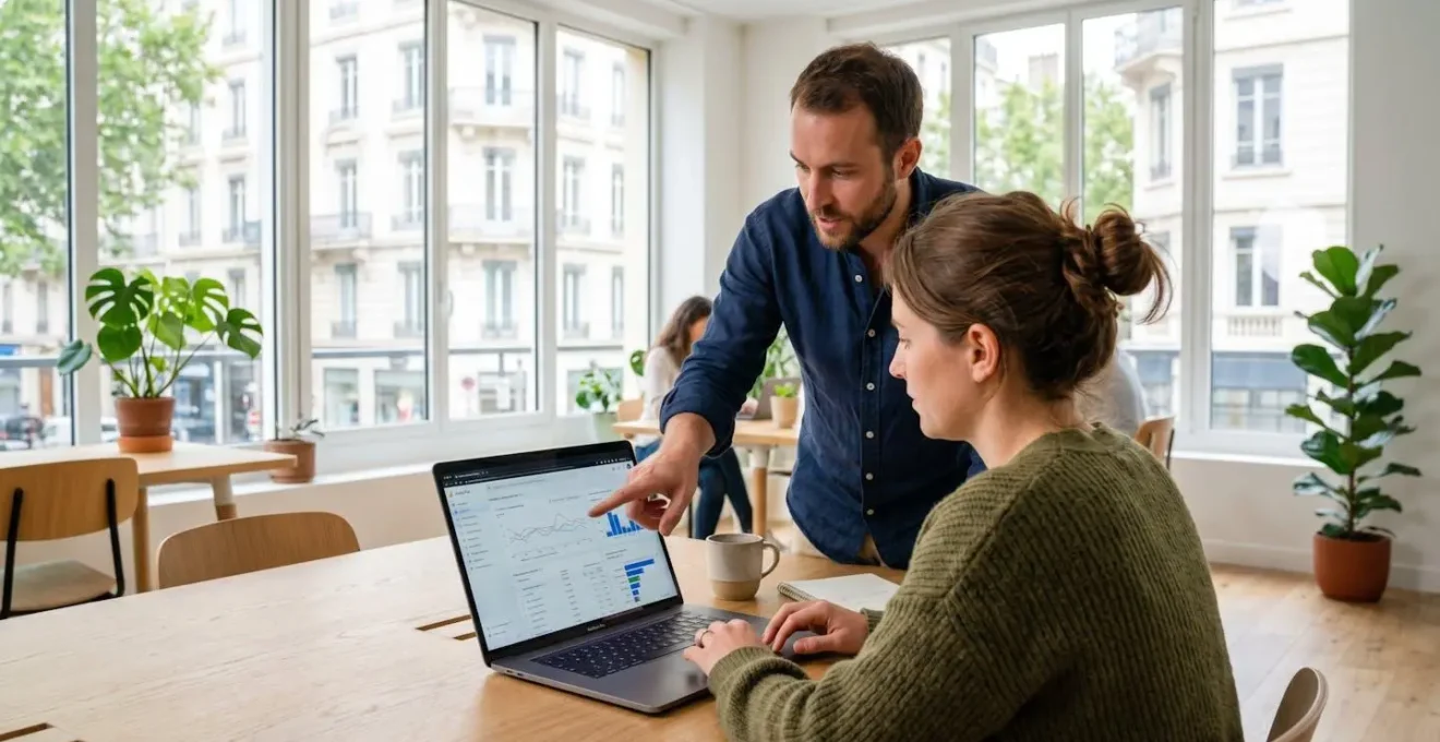 Deux professionnels du marketing digital assis à un bureau moderne consultent ensemble des statistiques sur un écran d'ordinateur portable dans un bureau lumineux