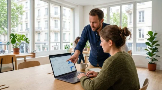 Deux professionnels du marketing digital assis à un bureau moderne consultent ensemble des statistiques sur un écran d'ordinateur portable dans un bureau lumineux