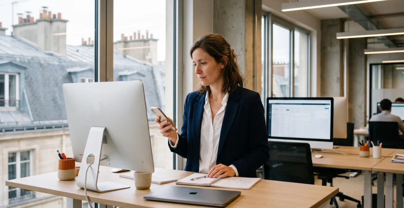 Une professionnelle du marketing française compare des résultats de recherche sur un smartphone et un ordinateur de bureau dans un bureau parisien lumineux.
