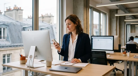 Une professionnelle du marketing française compare des résultats de recherche sur un smartphone et un ordinateur de bureau dans un bureau parisien lumineux.